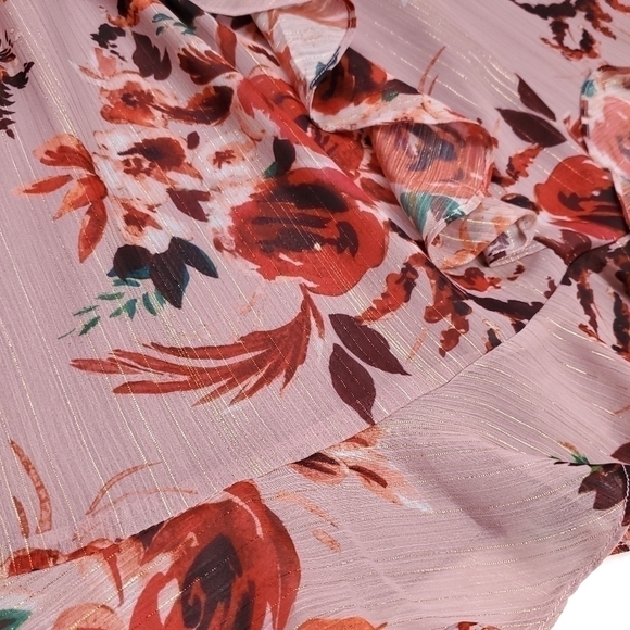 New Lovers + Friends Pink Floral Gold Metallic Stripe Sheer Ruff… - Picture 7 of 16